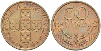 ПОРТУГАЛИЯ 50 СЕНТАВО 1979 KM 596 бронза UNC 4513-1235