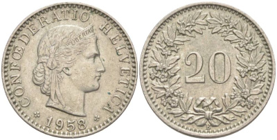 ШВЕЙЦАРИЯ 20 РАППЕНОВ 1958 В KM 29a медно-никель 55-744