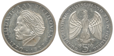 ФРГ 5 марок 1970 F, Людвиг ван Бетховен, в запайке KM 127, J.408 серебро PROOF 2-4-2-45