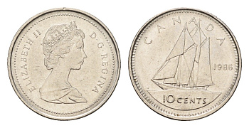 Канада 10 центов 1986 Елизавета II (1952-2022), парусник KM 77 никель 4689-555