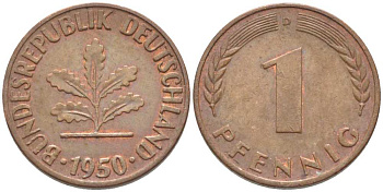ФРГ 1 ПФЕННИГ 1950 D KM 105, J. 380 сталь плакированная медью 116-347