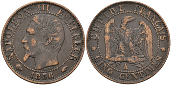 Франция 5 сантимов 1856 A, Наполеон III (1852-1870) KM 777.1, Le Franc 116.30 бронза 4584-346
