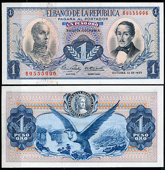 Колумбия 1 песо 1963 Симон Боливар, генерал Франсиско де Паула Сантандер, 12 октября 1963 Pick 404 b  бумага  UNC (пресс) 449-83-2