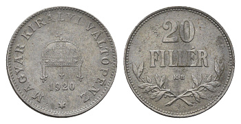 Венгрия 20 филлеров 1920 КВ, Карл I (1916-1918), редкий год KM 498 железо 4665-1046