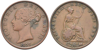 Великобритания 1/2 пенни 1857 Виктория (1837-1901) KM 726, Spink 3949 медь  1518-1345