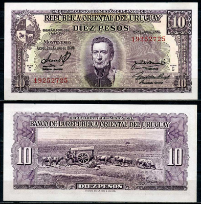 Уругвай 10 песо 1939 Хосе Хервасио Артигас, памятник повозке, Монтевидео, серия C Pick 37 c  бумага   444-101-1-2