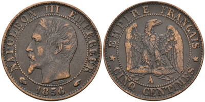 Франция 5 сантимов 1856 A, Наполеон III (1852-1870) KM 777.1, Le Franc 116.30 бронза 4584-346