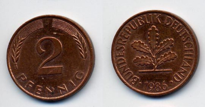 ФРГ 2 ПФЕННИГА 1986 J KM 106a, J.381a сталь плакированная сталь плакированная медьюю 35-516