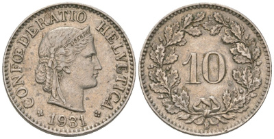 Швейцария 10 раппенов 1931 B KM 27 медно-никель 220-256