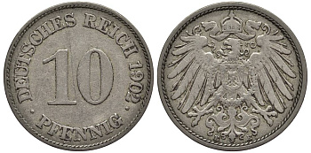 Германия 10 пфеннигов 1902 E KM 12, Jager 13, Weege 8 медно-никель 219-347