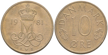 ДАНИЯ 10 ЭРЕ 1981 B; B, МАРГРЕТЕ II (1972-) KM 860.2 медно-никель UNC 187-668