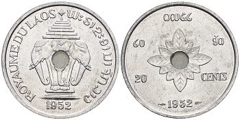 Лаос 20 центов 1952 король Сисаванг Вонг (1904-1959), слоны KM 5 алюминий  aUNC  4367-526