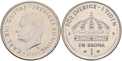 Швеция 1 крона 2002 Карл XVI Густав (1973- ) KM 894 медно-никель 4561-1054