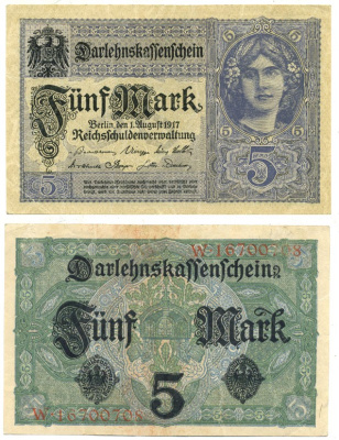 ГЕРМАНИЯ 5 МАРОК 1917 ВОСЕМЬ ЦИФР В НОМЕРЕ Pick 56b бумага 7207-47-3