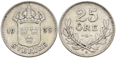 Швеция 25 эре 1939 G, Густав V (1907-1950) KM 785 серебро 4380-1259