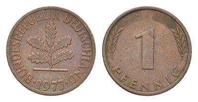 ФРГ 1 пфенниг 1977 J KM 105, J. 380 сталь плакированная медью 4669-1238