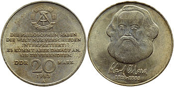 ГДР 20 марок 1983 А, 100 лет со дня смерти Карла Маркса (1818-1883) J. 1592, KM 95 медь никель цинк aUNC 3897-1014