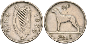 Ирландия 6 пенсов 1950 ирландский волкодав KM 13а медно-никель 4561-1257
