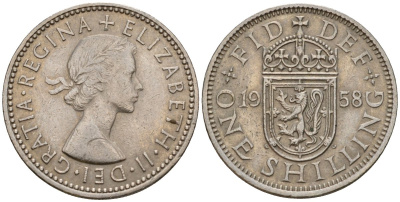 Великобритания 1 шиллинг 1958 Елизавета II (1952-2022), Шотландский герб KM 905, Spink 4148 медно-никель 4601-451