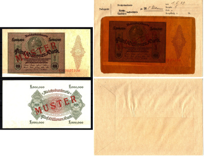 Германия 5000000 марок 1923 1 июня, MUSTER, образец, Specimen. В оригинальном банковском конверте. Из коллекции Отто Сейфферта (помощник Ялмара Шахта - министра экономики Германии и президента Рейхсбанка времен третьего рейха) Pick 90 s, Grabowski DEU 100