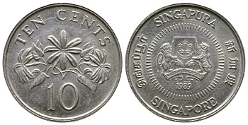 Сингапур 10 центов 1989 KM 51 медно-никель 220-415