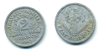 Франция 2 франка 1943 правительство Виши KM 904.1 алюминий 25-2416
