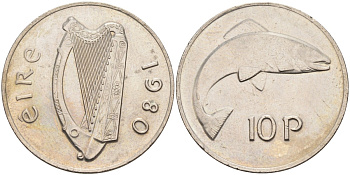 Ирландия 10 пенсов 1980 лосось KM 23 медно-никель XF-UNC 4583-345