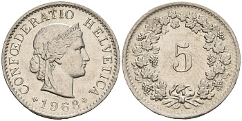 Швейцария 5 раппенов 1968 B KM 26 медно-никель 4608-457