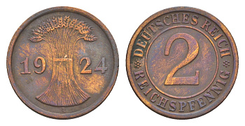 Германия 2 рейхспфеннига 1924 A KM 38, J. 314 бронза 4164-656