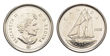 Канада 10 центов 2008 Leaf, Елизавета II (1952-2022), парусник KM 492 сталь плакированная никелем UNC 4636-647