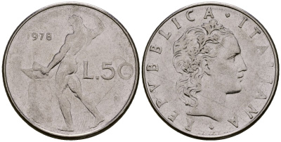 Италия 50 лир 1978 KM 95.1 нержавеющая сталь 4176-246