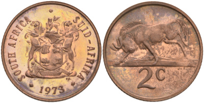 ЮАР 2 цента 1973 герб, антилопа гну KM 83 бронза UNC 4561-713