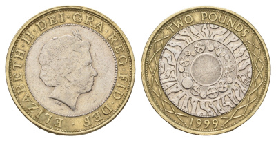 Великобритания 2 фунта 1999 Елизавета II (1952-2022) KM 994, Spink 4570 (K9) биметалл 77-825