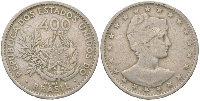 Бразилия 400 реалов 1901 MCMI, голова свободы вправо KM 505 медно-никель 4612-435