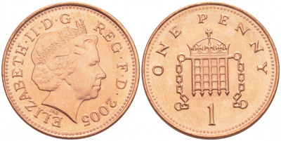 Великобритания 1 пенни 2005 Елизавета II (1952-2022) KM 986, Spink 4710 (B5) сталь плакированная медью UNC 112-1039