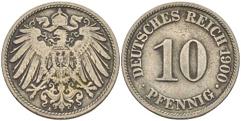 Германия 10 пфеннигов 1900 A KM 12, J. 13 медно-никель 4401-1142