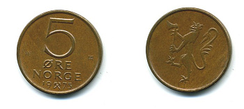 Норвегия 5 эре 1973 Улаф V (1958-1991) ​KM 415 бронза 4364-924