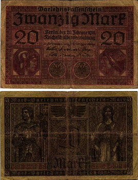 ГЕРМАНИЯ 20 МАРОК 1918 20 ФЕВРАЛЯ 1918, СЕРИЯ J, КРАСНАЯ, МИНЕРВА И МЕРКУРИЙ Pick 57, Rosenberg 55 бумага 7183-22-1-1