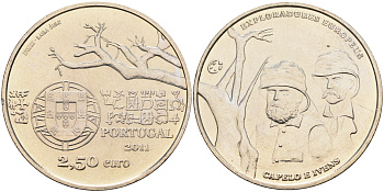 Португалия 2 1/2 евро 2011 ЕВРОПЕЙСКИЕ ИССЛЕДОВАТЕЛИ медно-никель UNC 4593-132