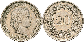 Швейцария 20 раппенов 1968 В KM 29а медно-никель 4364-1413