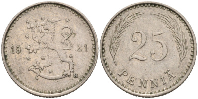 ФИНЛЯНДИЯ 25 ПЕННИ 1921 H KM 25 медно-никель 192-1151