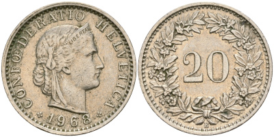 Швейцария 20 раппенов 1968 В KM 29а медно-никель 4364-1413