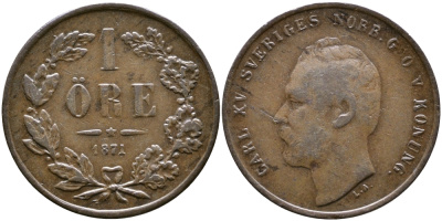 Швеция 1 эре 1871 Карл XV (1859-1872) KM 705 бронза 71-1526