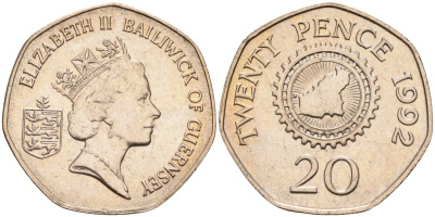 Гернси 20 пенсов 1992 карта острова в зубчатом колесе KM 44 медно-никель UNC 4582-331