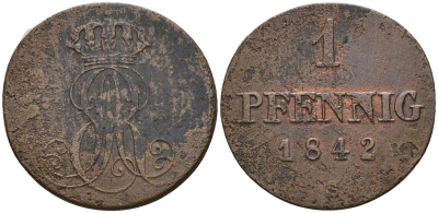 Ганновер 1 пфенниг 1842 S, Эрнст Август (1837-1851) KM 173.3, AKS 128, J. 54 медь 4608-354