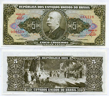 БРАЗИЛИЯ 5 КРУЗЕЙРО 1964 СЕРИЯ 4325А, БАРАО ДО РИО БРАНКО, ESTAMPA 2A Pick 176d бумага UNC (ПРЕСС) 7204-5-1