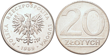 Польша 20 злотых 1989 Y 153.2 медно-никель aUNC 4122-1131
