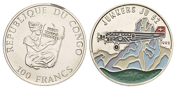 Конго 100 франков 1995 Junkers Ju 52 KM 21 медно-никель BU 1079-10-22