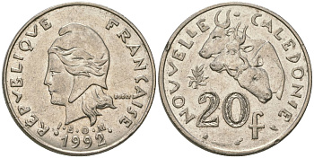 Французская Новая Каледония 20 франков 1992 три быка, (IEOM) KM 12, Schoen 14, Lec 115 никель 4131-332