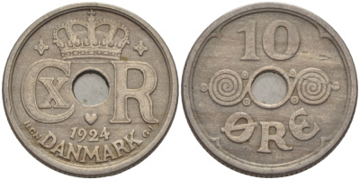 ДАНИЯ 10 ЭРЕ 1924 HCN ; GJ, КРИСТИАН X (1912-1947) KM 822.1 медно-никель 100-254